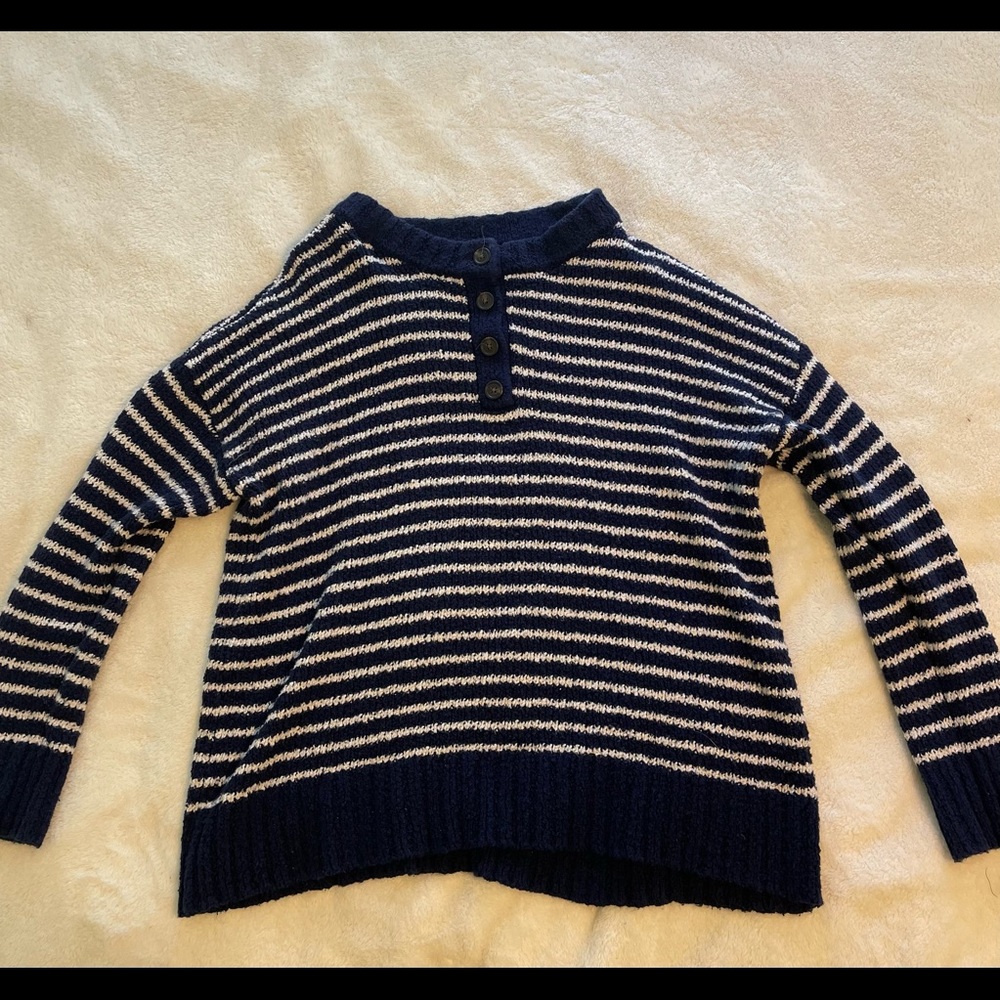 Navy blue and cream white striped sweater with button detailing